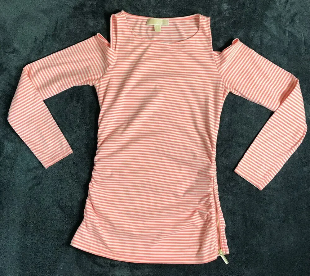 Michael Kors Womens Sz Small Long Sleeve Striped Cold Shoulder Top Zipper Detail